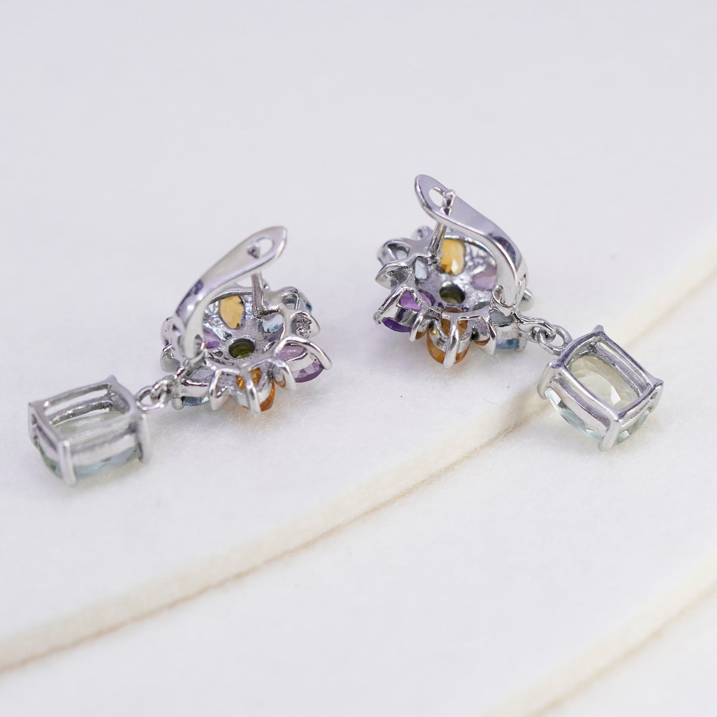 Vintage Sterling 925 silver handmade flower earrings citrine amethyst peridot