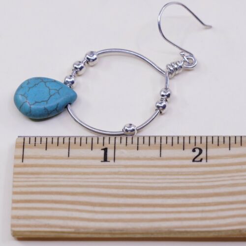 Vtg Hoops handmade Sterling 925 Silver Earrings w/ Teardrop turquoise