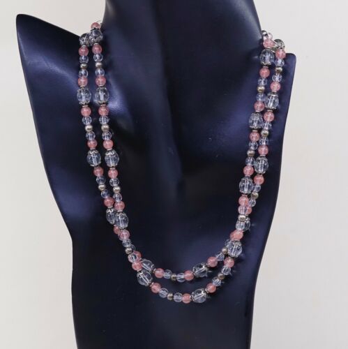 18”, Vtg Double Strands 925 Sterling Silver Pink Rose Quartz W/ Crystal Beads