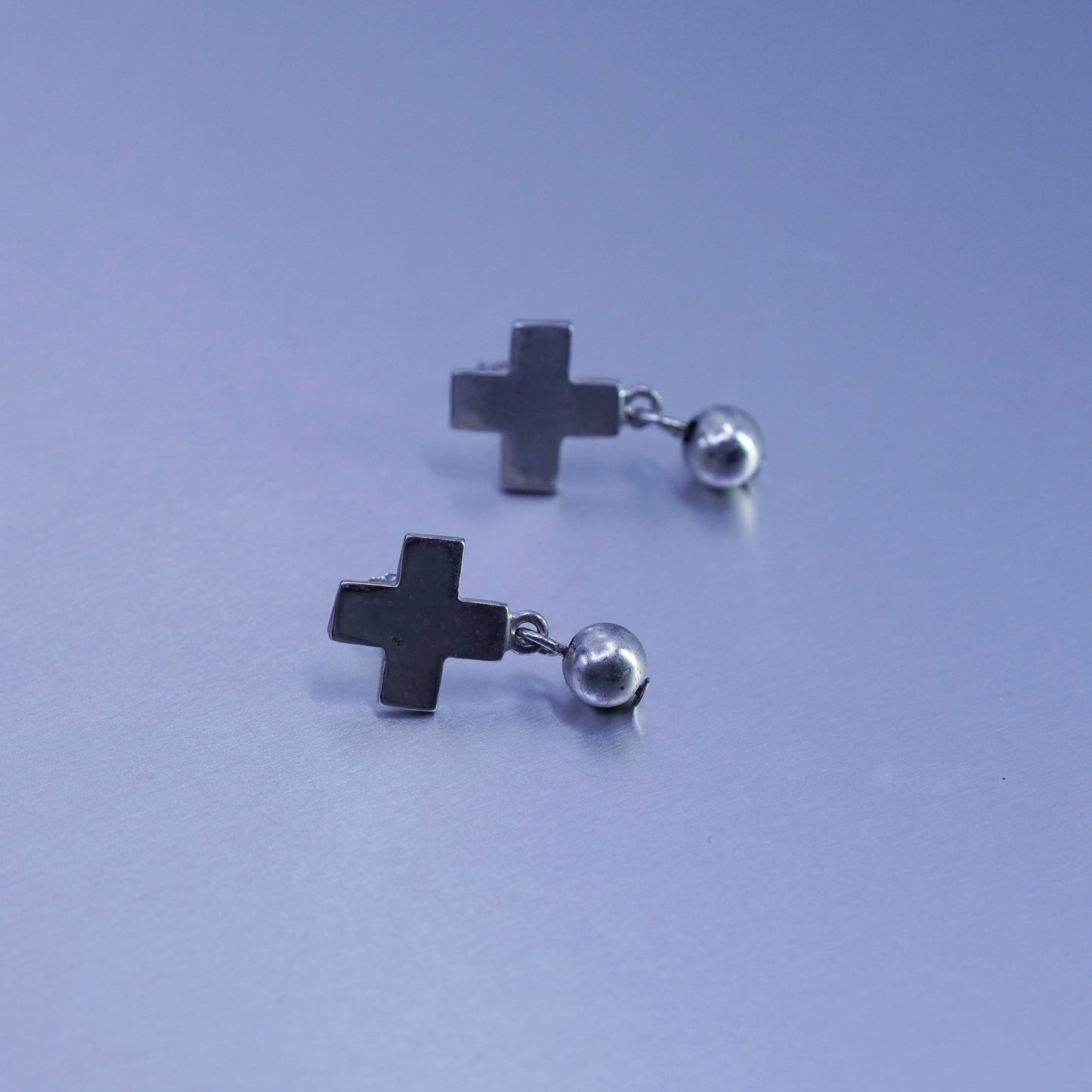 Vintage Sterling 925 silver handmade earrings, cross studs with beads