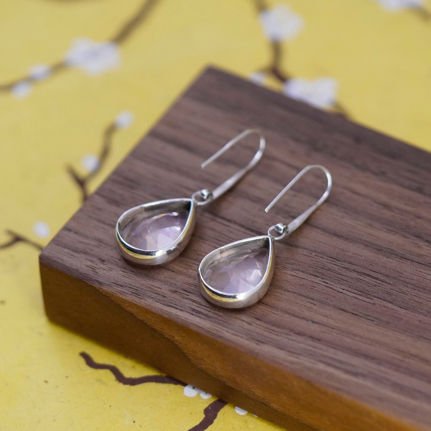 Vintage Sterling 925 silver handmade earrings with teardrop pink rose quartz