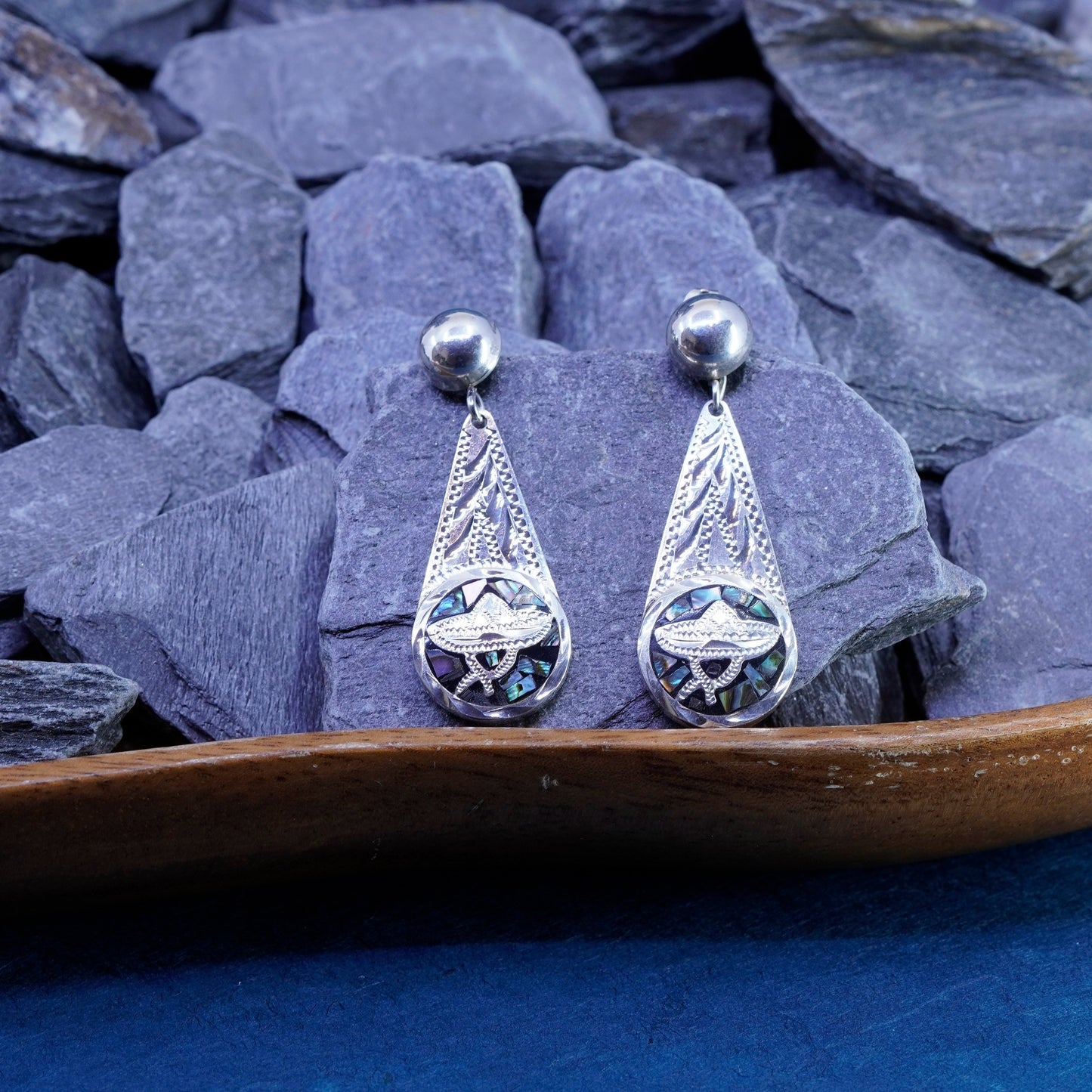 Mexico Sterling 925 silver handmade teardrop earrings abalone Sombrero hat