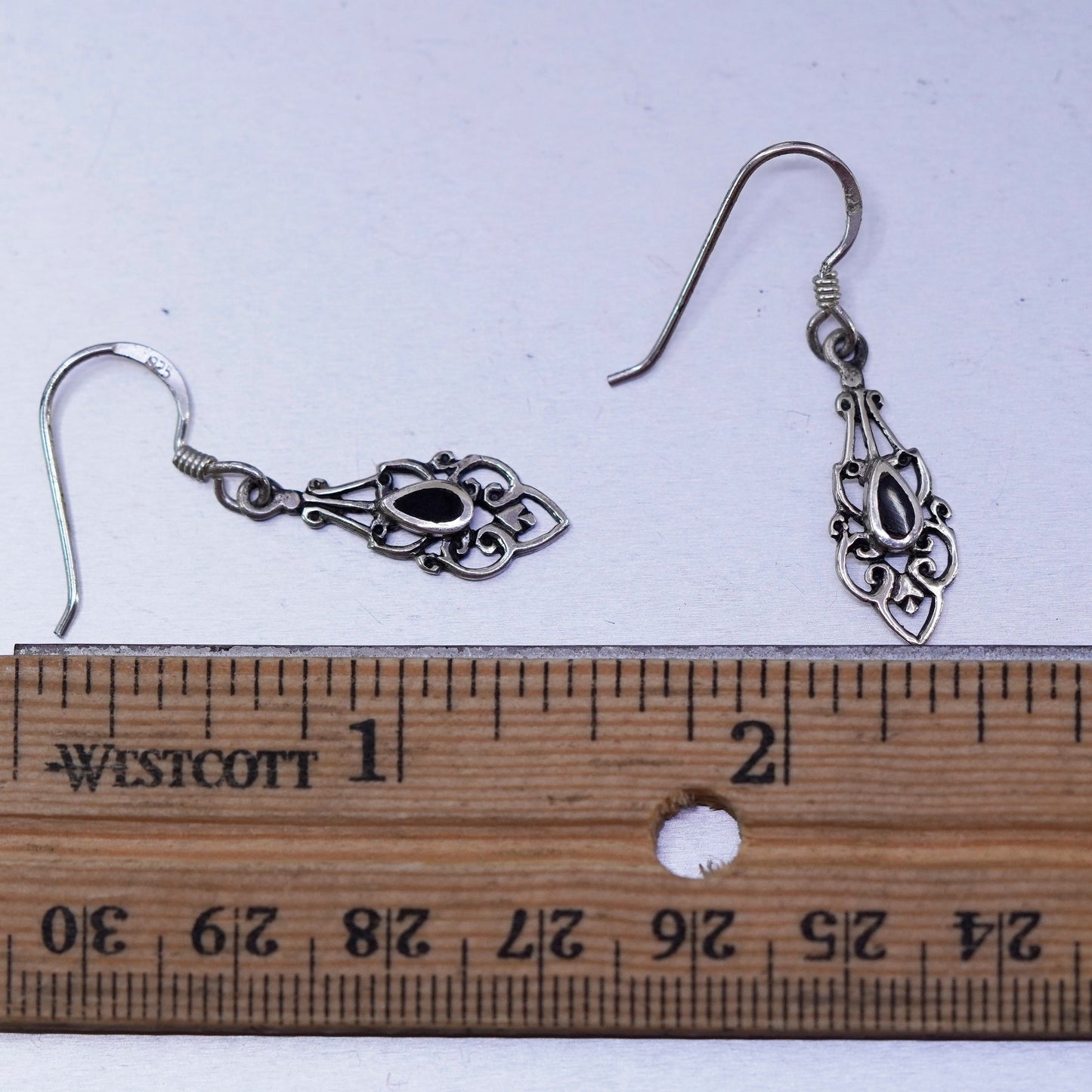 Mexico Sterling 925 silver handmade filigree teardrop earrings with black onyx