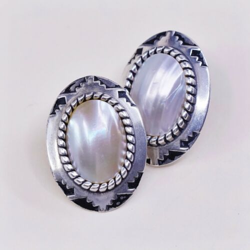 Vtg C Co Handmade STERLING SILVER earrings, 925 Studs W/ Pearl N Stamped Texture
