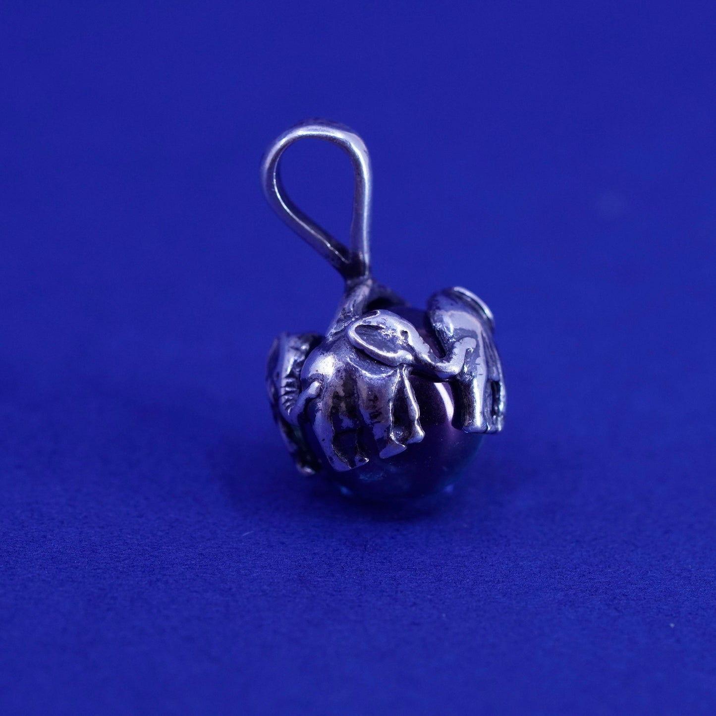Vintage sterling 925 silver handmade elephant pendant with glass bead
