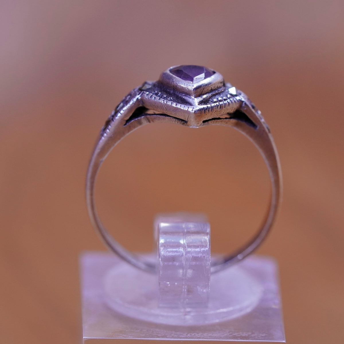 Size 6.25, Sterling 925 silver handmade ring with heart amethyst and marcasite