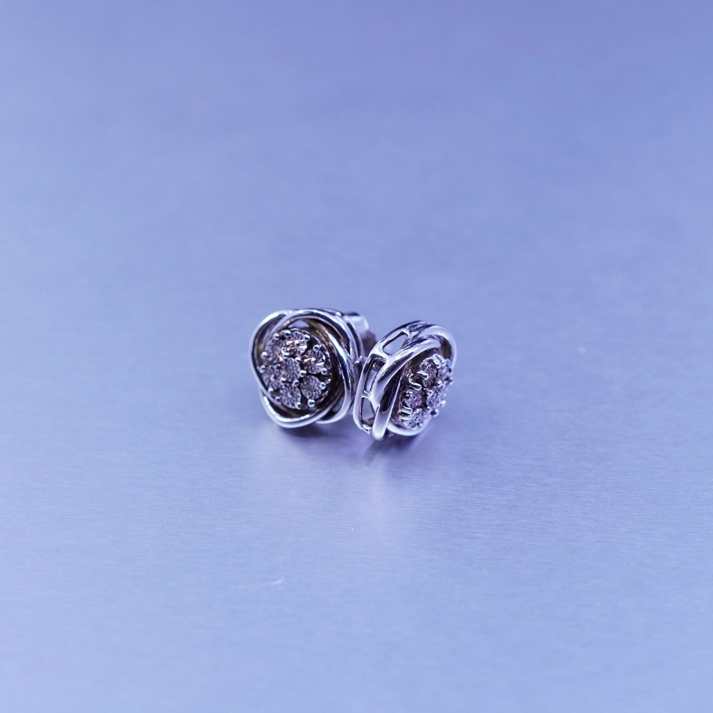 Vintage Sterling 925 silver earrings, entwined studs with diamond inlay