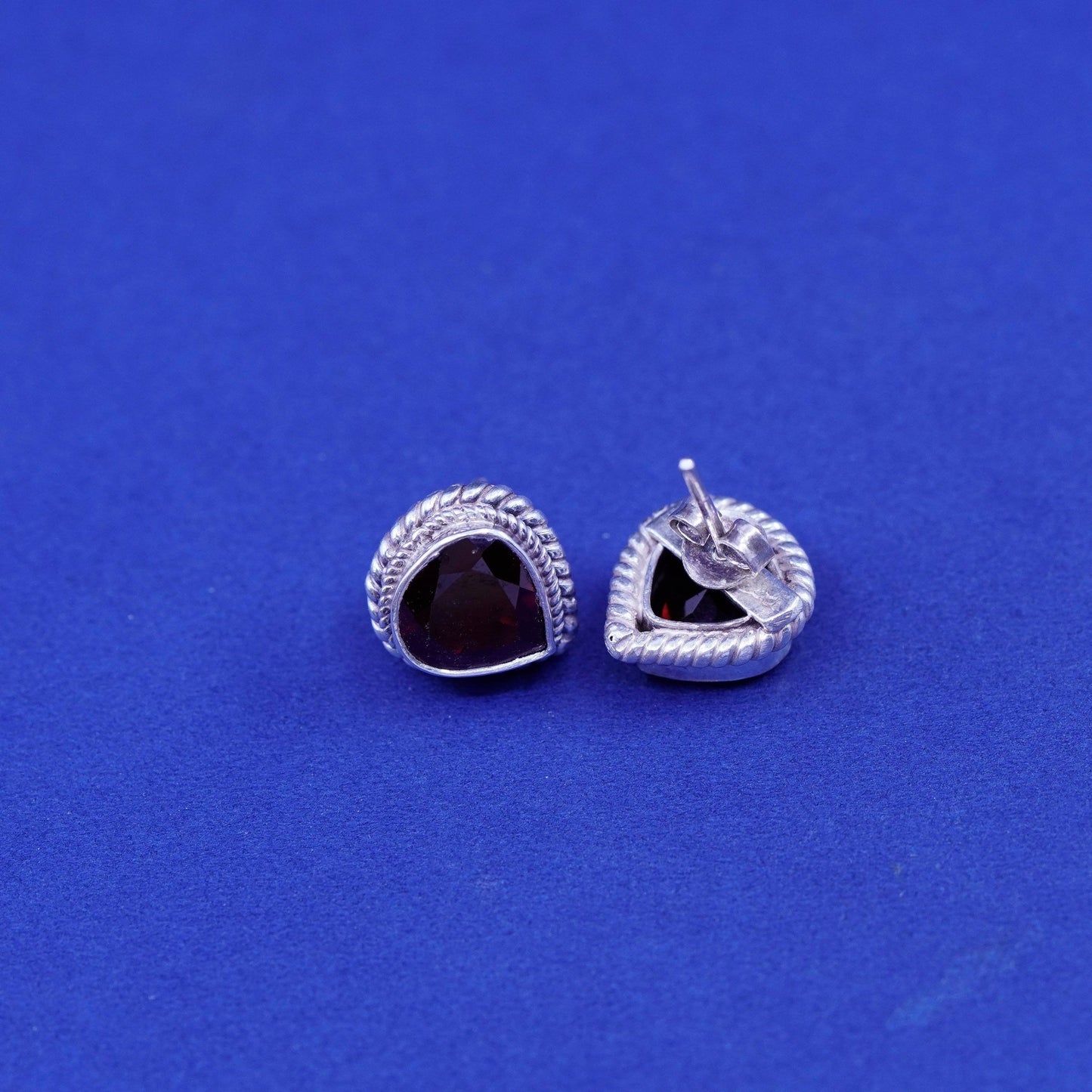 Vintage sterling silver handmade earrings, 925 studs with ruby and cable