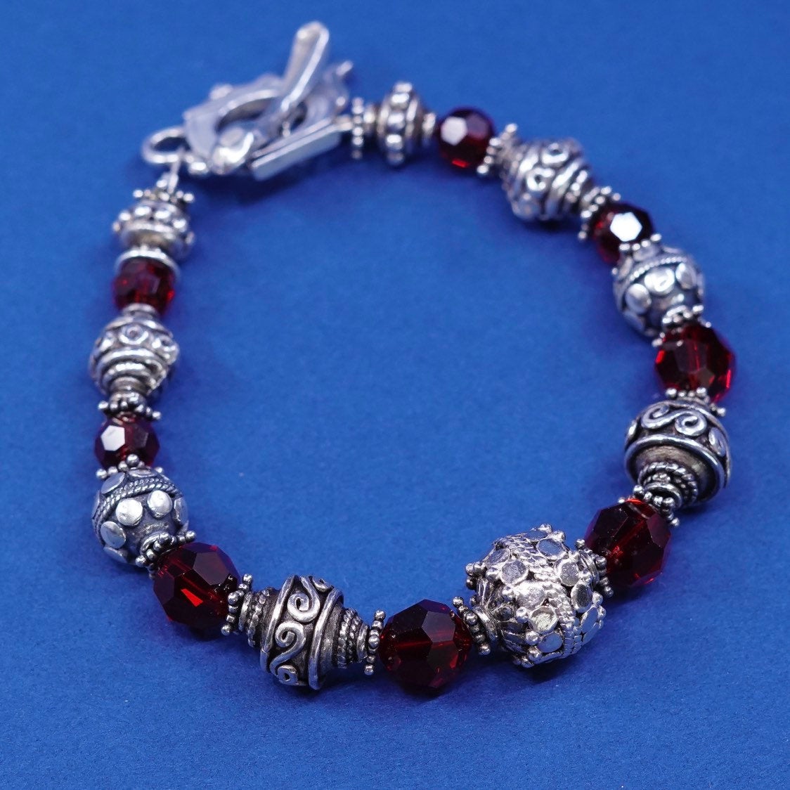 6”, vtg sterling silver handmade bracelet, 925 w/ crystal beads N teapot spoon