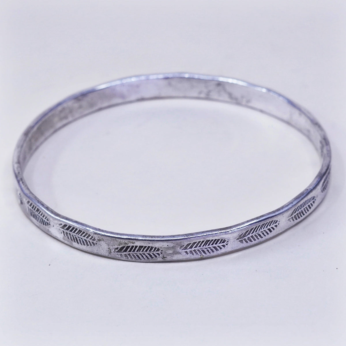 8”, vintage sterling 925 silver handmade leaf textured bracelet, bangle