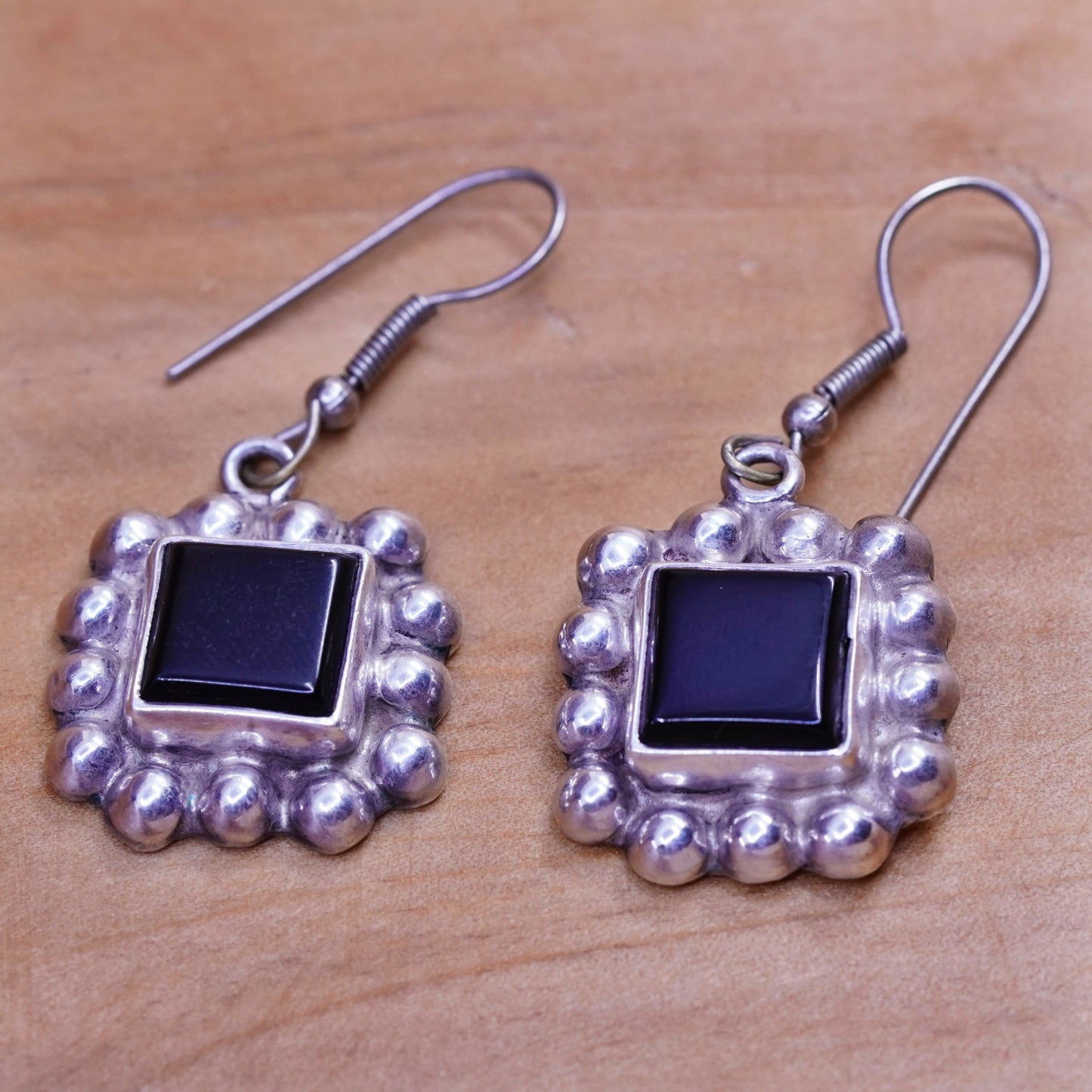 Vintage Sterling 925 silver handmade earrings with square obsidian and beads