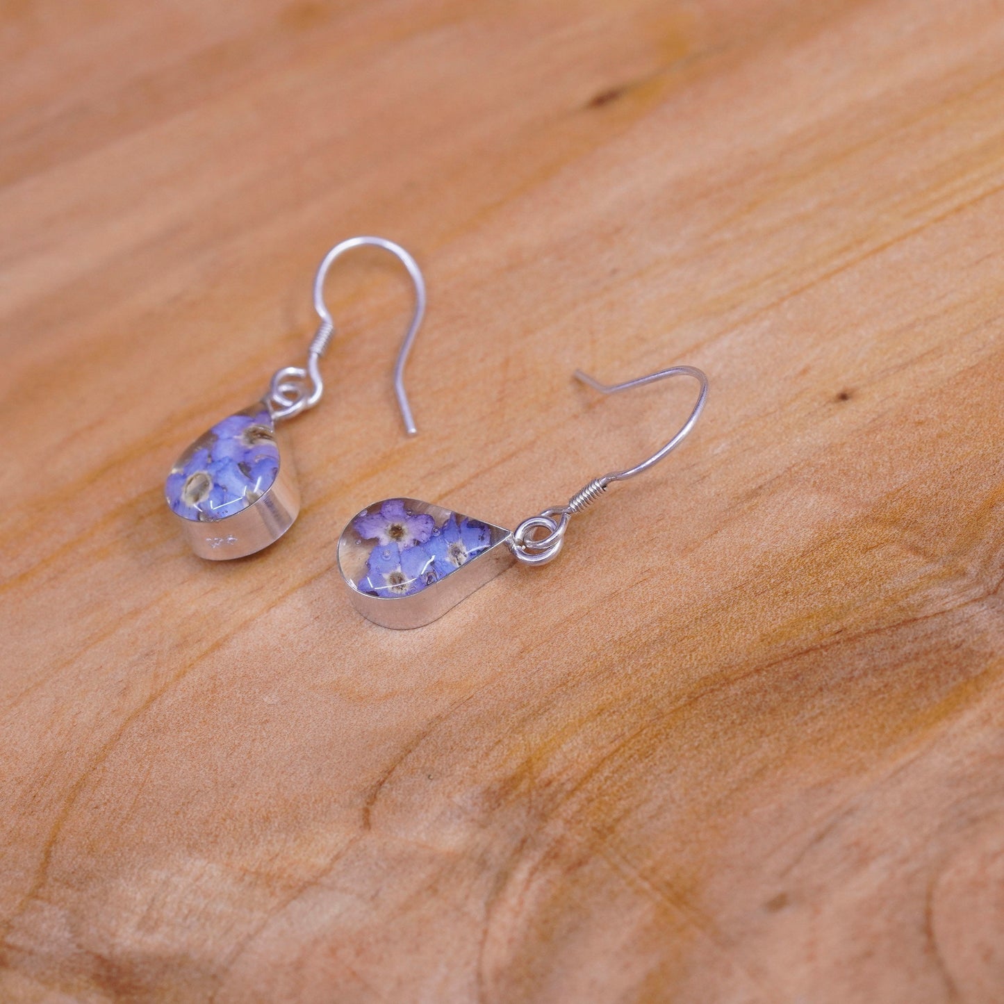Vintage Sterling 925 silver handmade teardrop earrings with purple resin flower