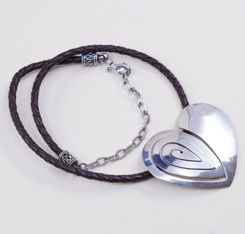 14+3” Vtg Sterling 925 Silver Heart Pendant Woven Leather Necklace Choker Collar