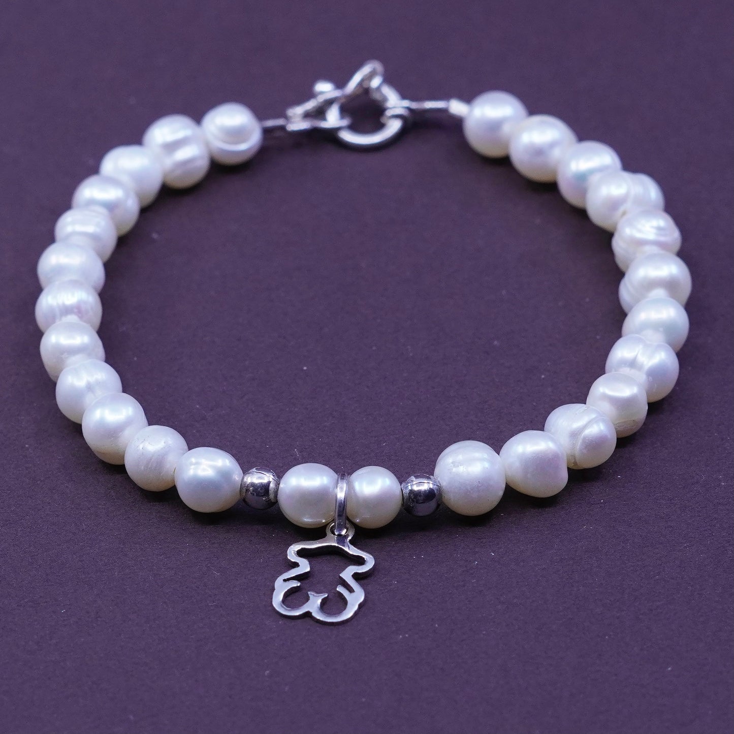 6.75”, Sterling silver bracelet, freshwater pearl beads chain w/ 925 bear charm
