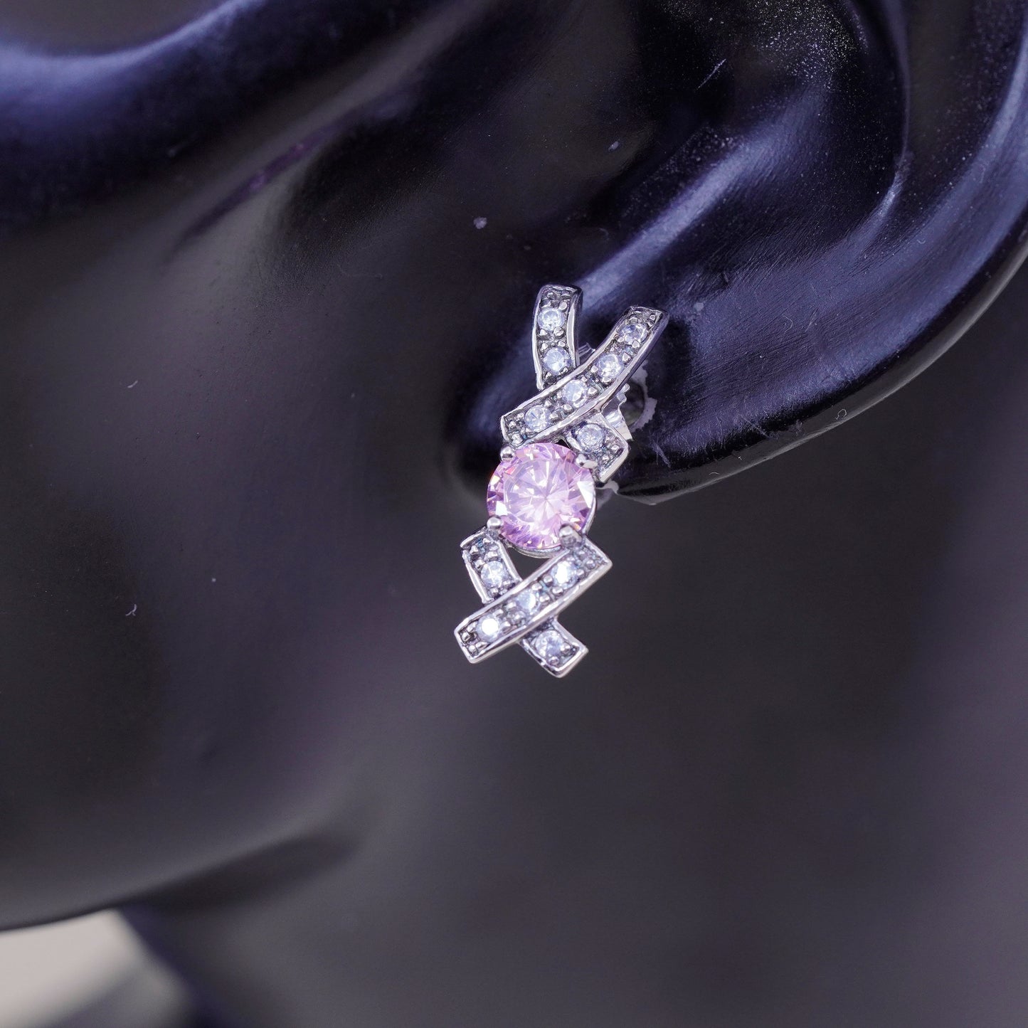 Vintage sterling silver handmade earrings, 925 XOX studs with and pink Cz