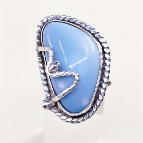 Sz 8.25, Vtg Sterling Silver Handmade Ring, 925 Silver Ring W/ Larimar N Cable