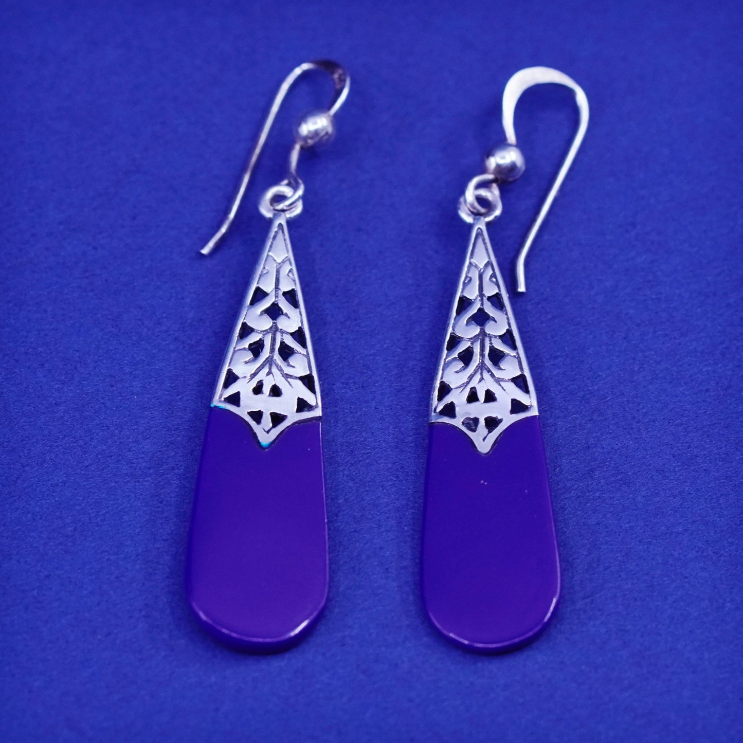 Vintage Sterling 925 silver handmade earrings with teardrop blue onyx and Bali