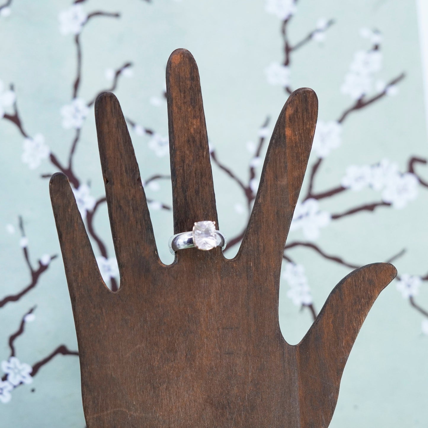 Size 7, VTG sterling 925 silver handmade pink crystal ring with 14K gold accent