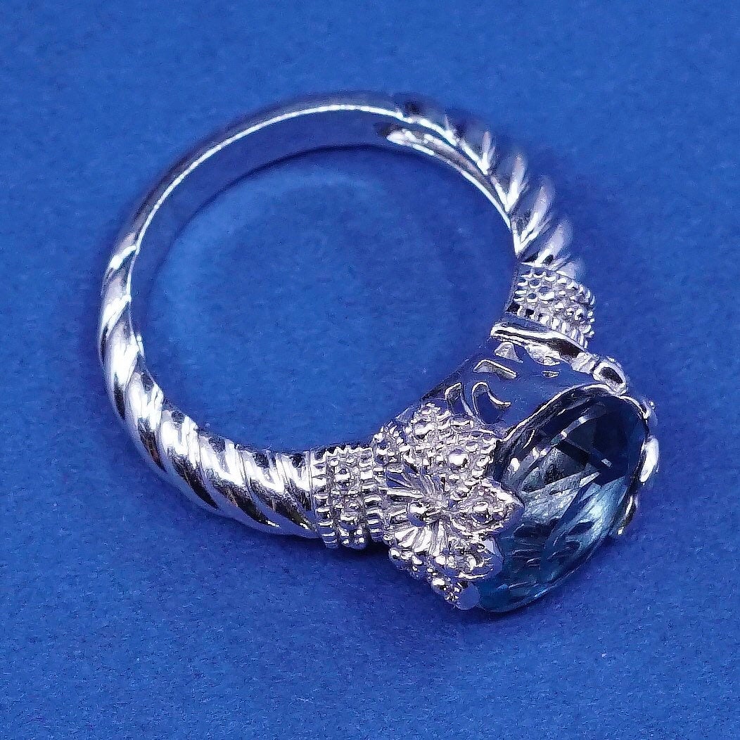 Size 6.25, vtg sterling silver handmade ring, 925 w/ oval blue topaz N flower