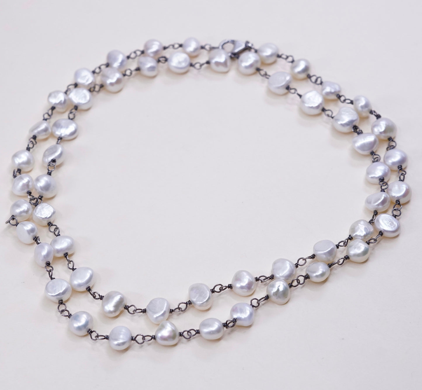 30”, Vintage handmade Sterling silver necklace with pearl beads details