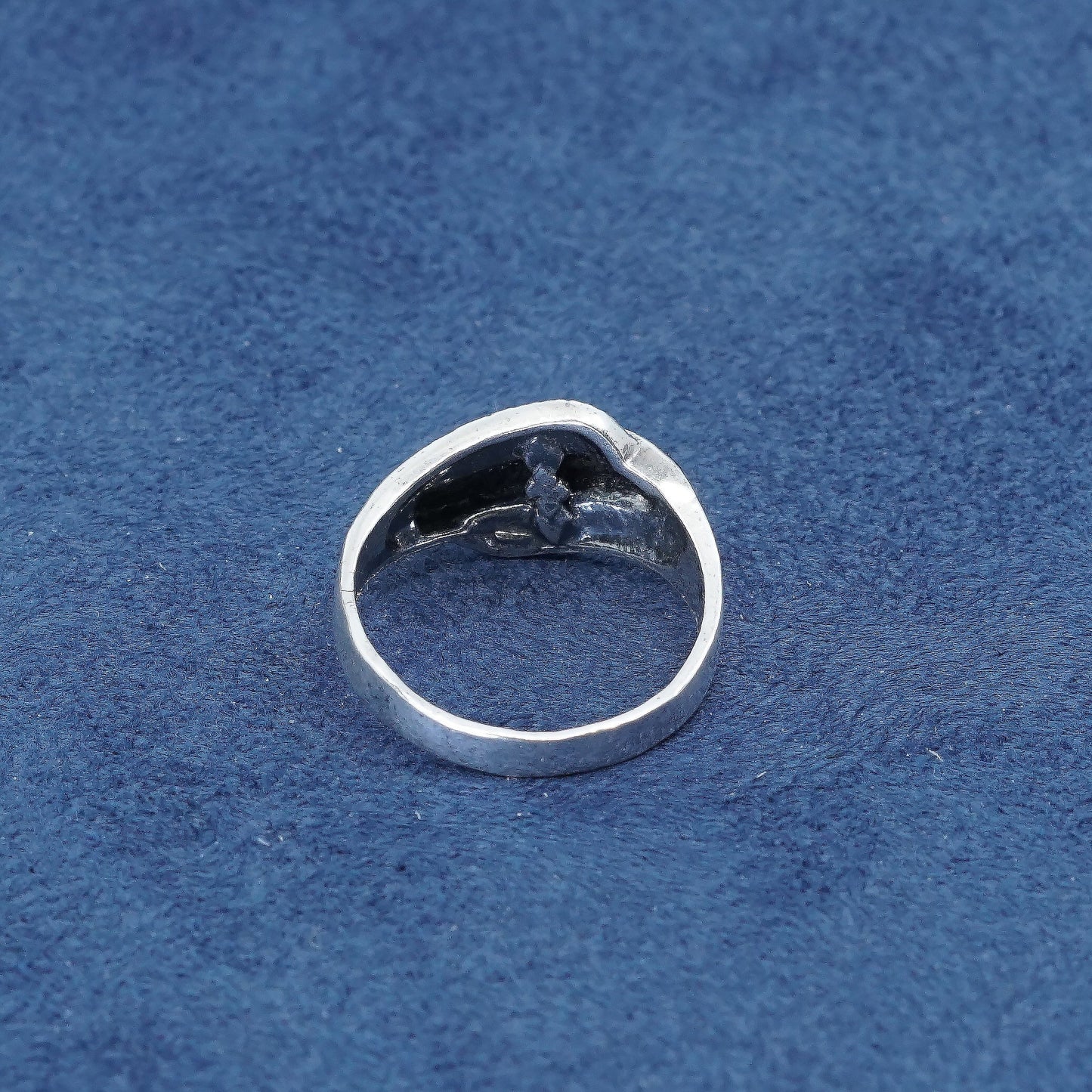sz 7.5, vtg sterling silver handmade ring, 925 w/ teardrop obsidian N marcasite