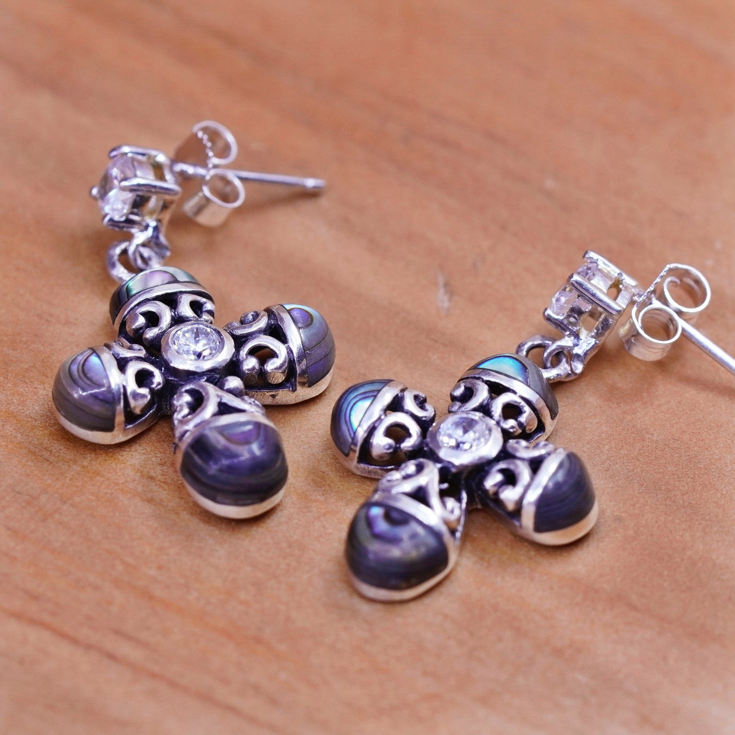 Vintage Sterling 925 silver handmade cross earrings with abalone and cz