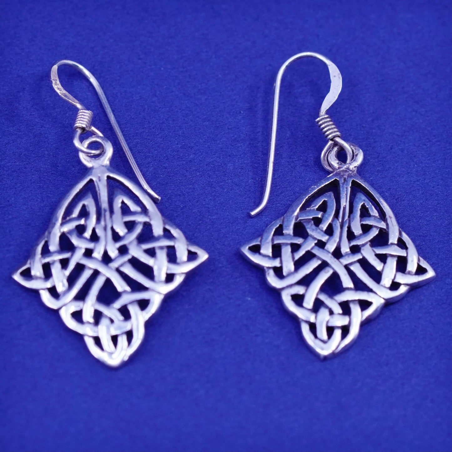 Vintage sterling silver handmade earrings, 925 filigree knot Irish drop