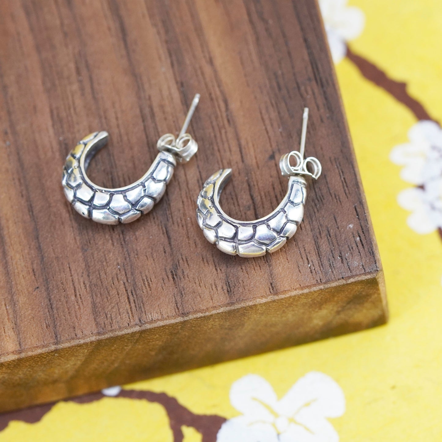 0.5”, vintage Sterling silver handmade earrings, 925 bead textured hoops