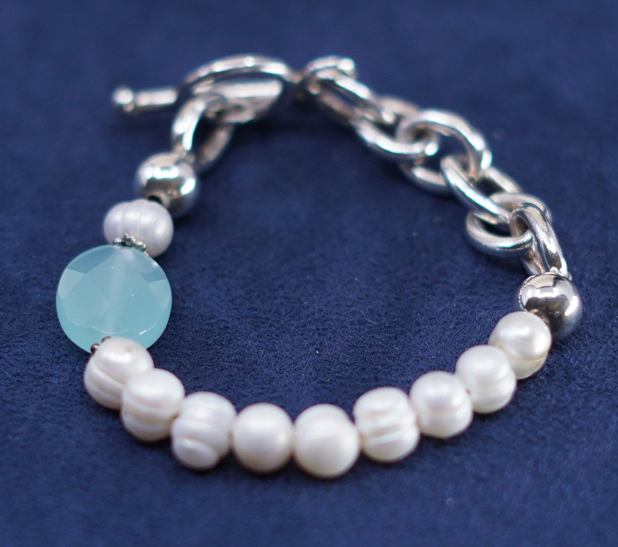 6.75”, 8mm, Sterling silver handmade bracelet, 925 circle chain w/ pearl beads