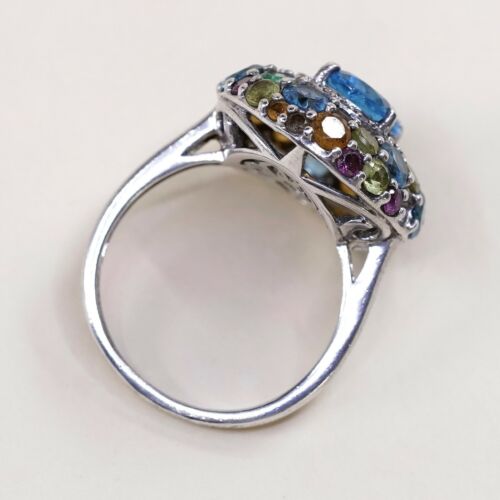 Sz 7.5, Vtg Sterling silver Engagement ring, 925 W/ Colorful Cluster Crystal