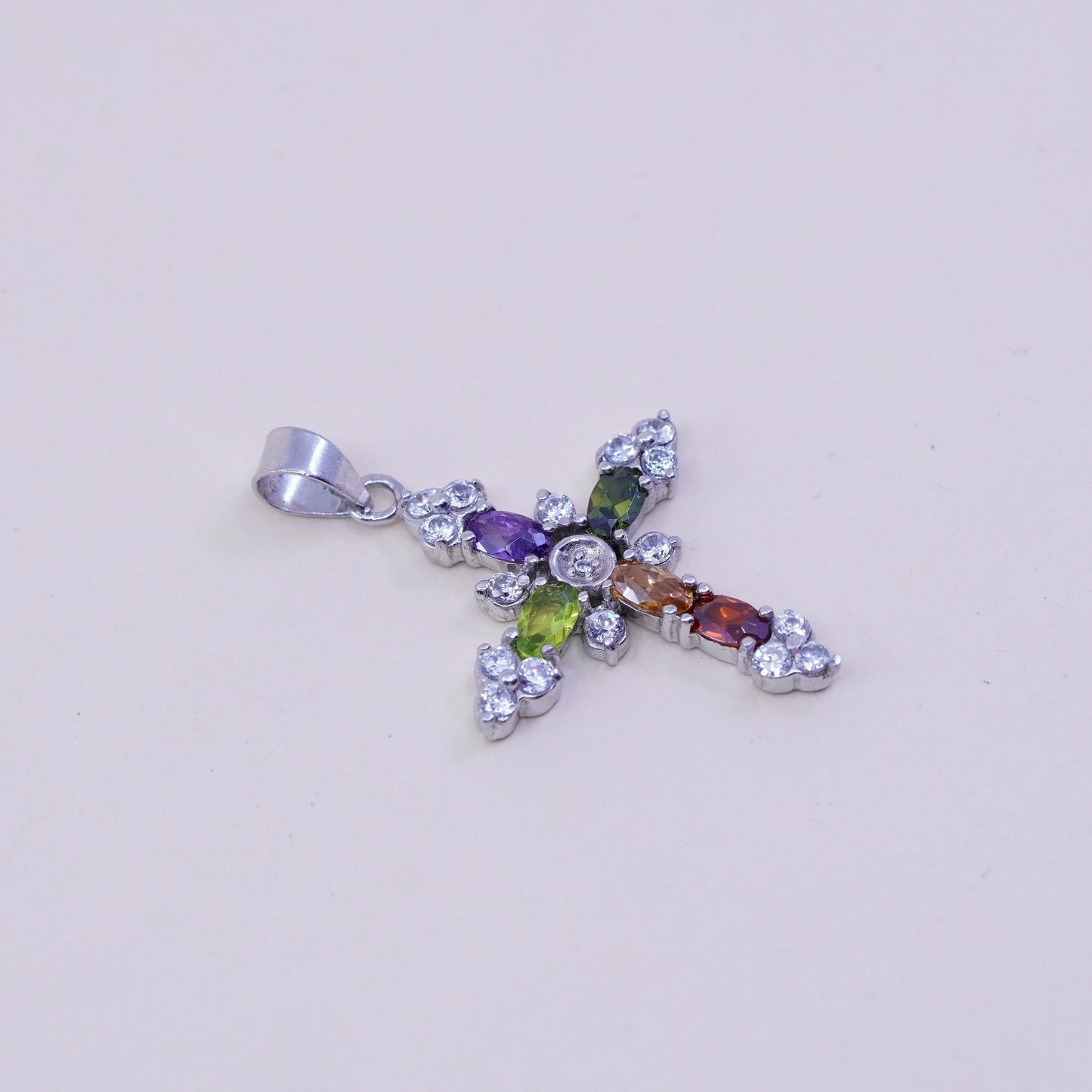 Vintage Sterling 925 silver handmade cross pendant with peridot amethyst