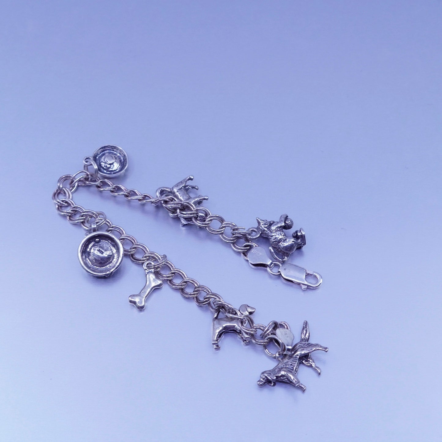 7”, Italy Sterling 925 silver bracelet curb chain dog puppy kitty cat bone bowl