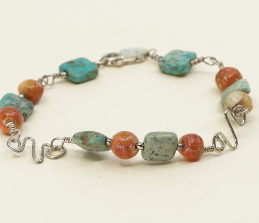 7.25", VTG Sterling silver handmade bracelet, Mexico 925 w/ turquoise N coral