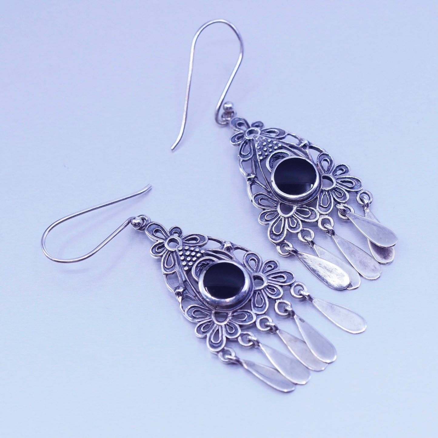 Vintage Sterling 925 silver filigree earrings with obsidian and teardrop fringe