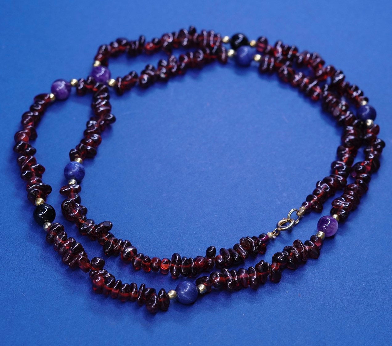 30”, vintage handmade garnet beads with brass clasp