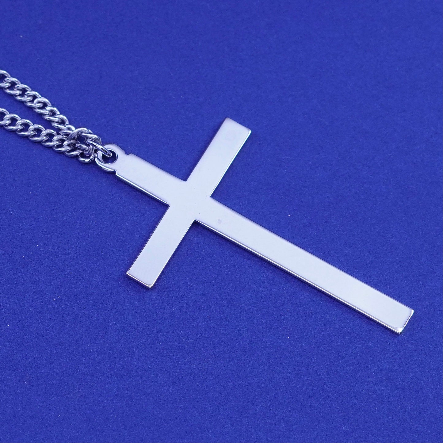 24”, vintage Sterling 925 silver handmade cross with silver tone curb chain