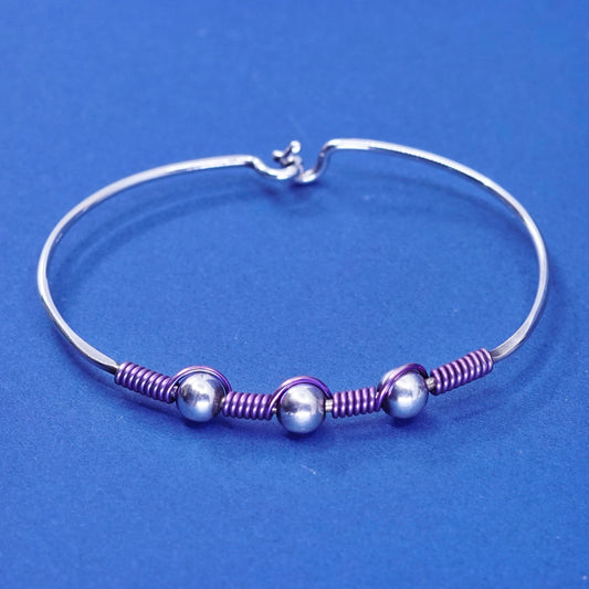 6”, vintage Sterling silver handmade bracelet, 925 hinged bangle with beads