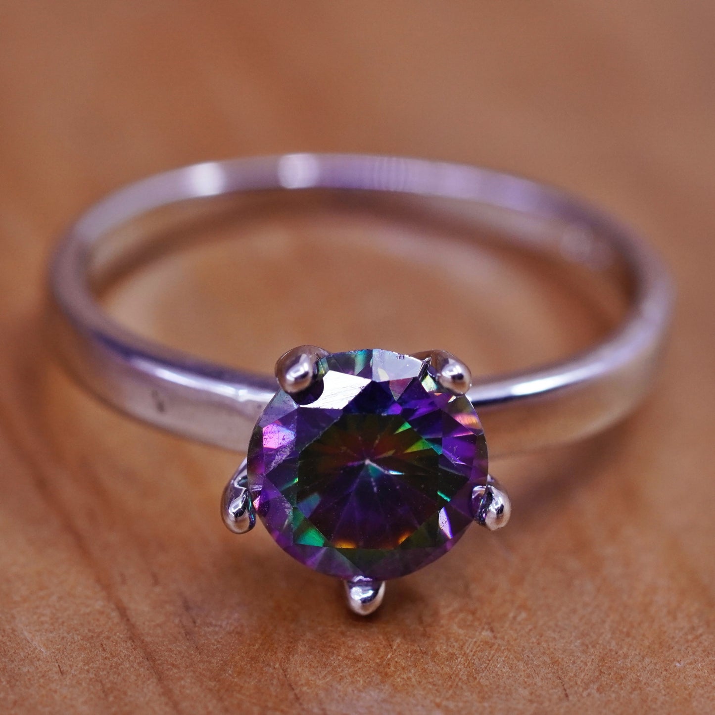 Size 9, vintage Sterling 925 silver engagement ring with rainbow topaz