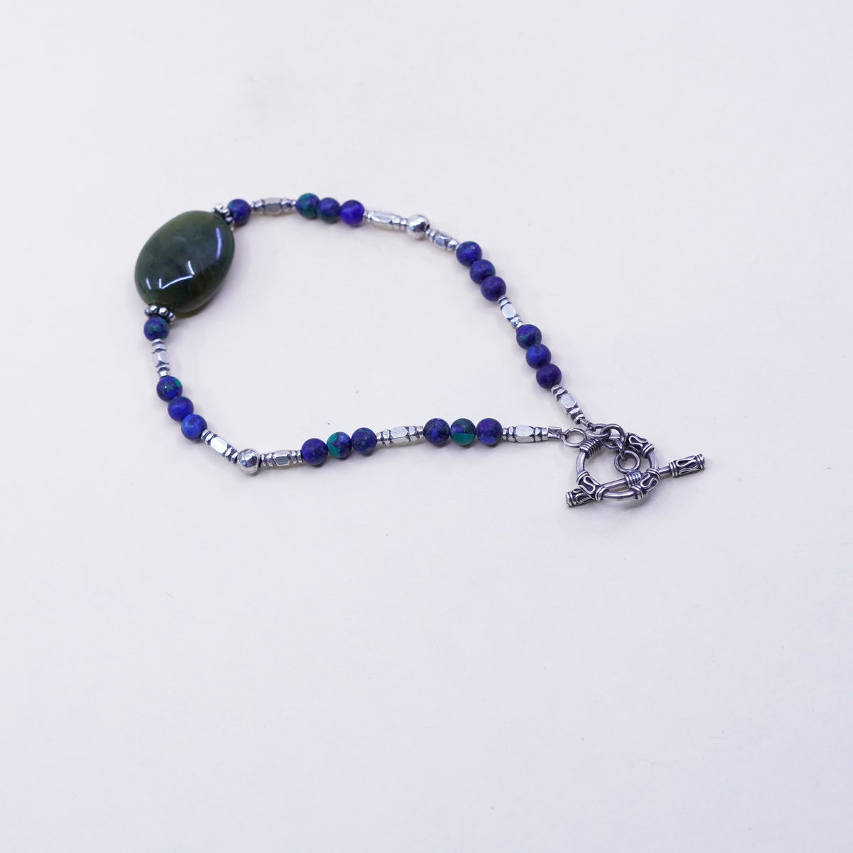 7.75”, vtg handmade bracelet, azurite malachite beads chain sterling 925 silver