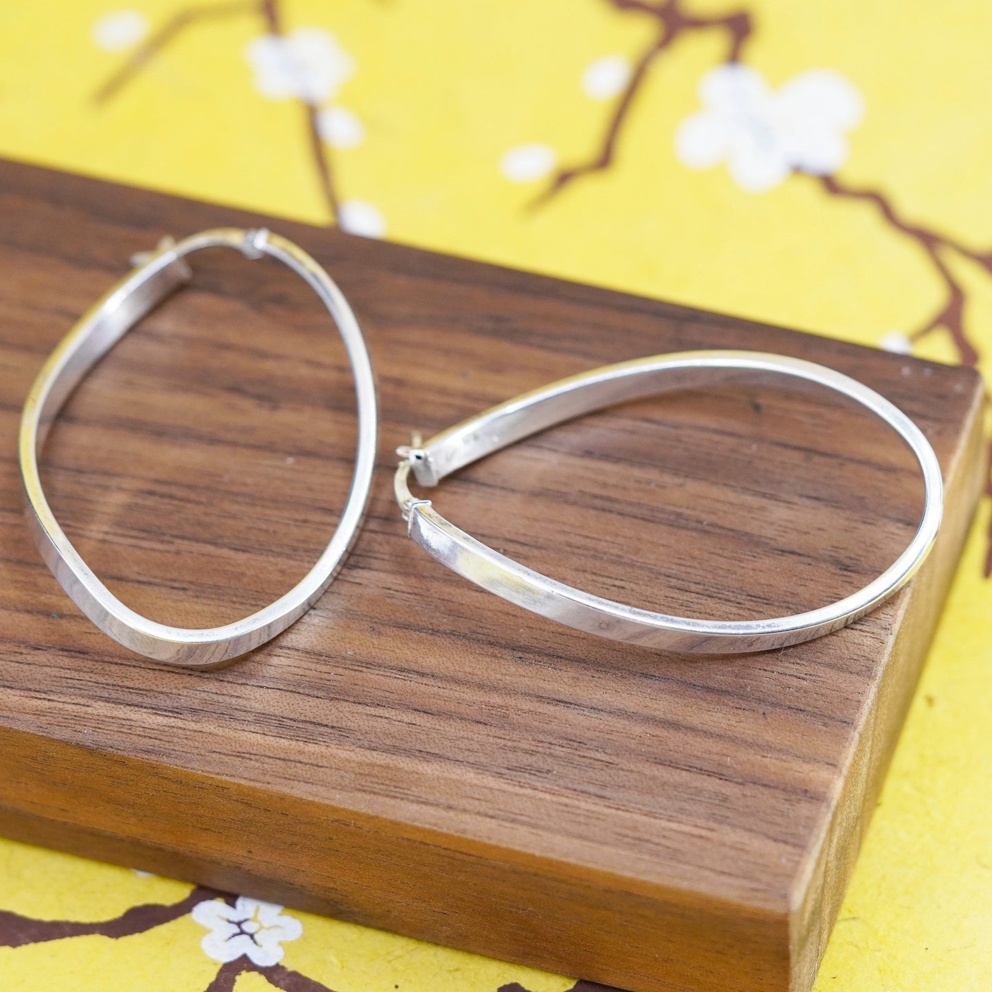 2”, vintage Sterling silver handmade earrings, wavy 925 oval hoops