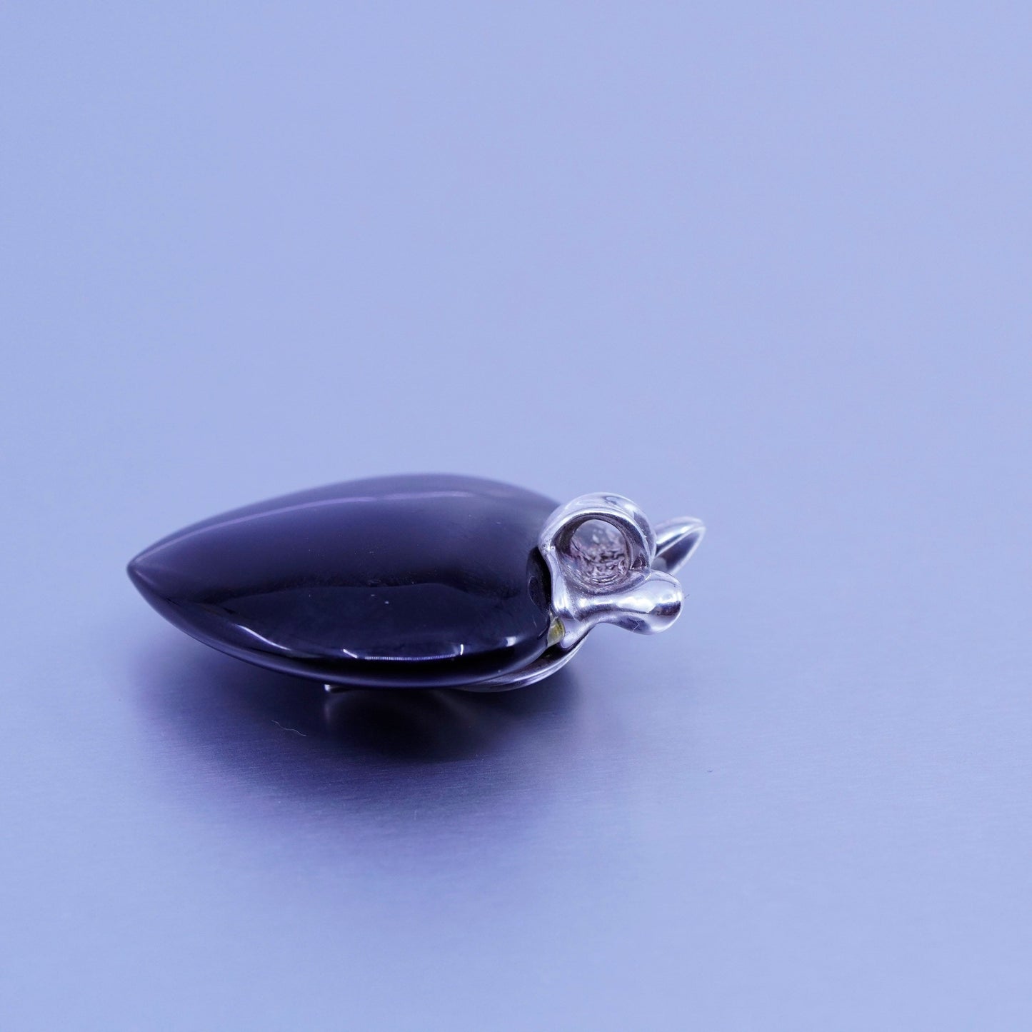 antique sterling 925 silver obsidian heart pendant with ribbon bow tie