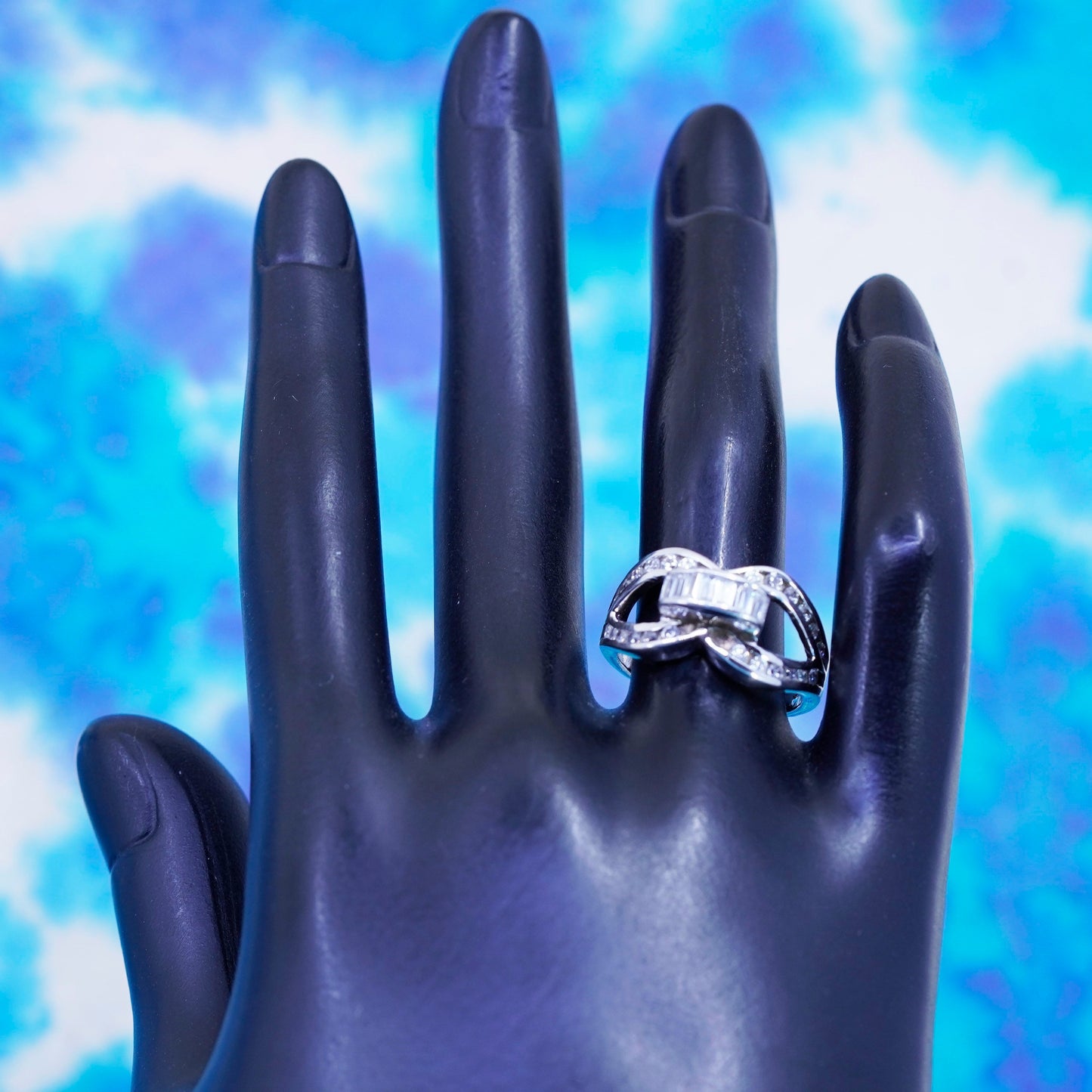 Size 7.25, vintage Sterling 925 silver engagement ring with cluster Cz around