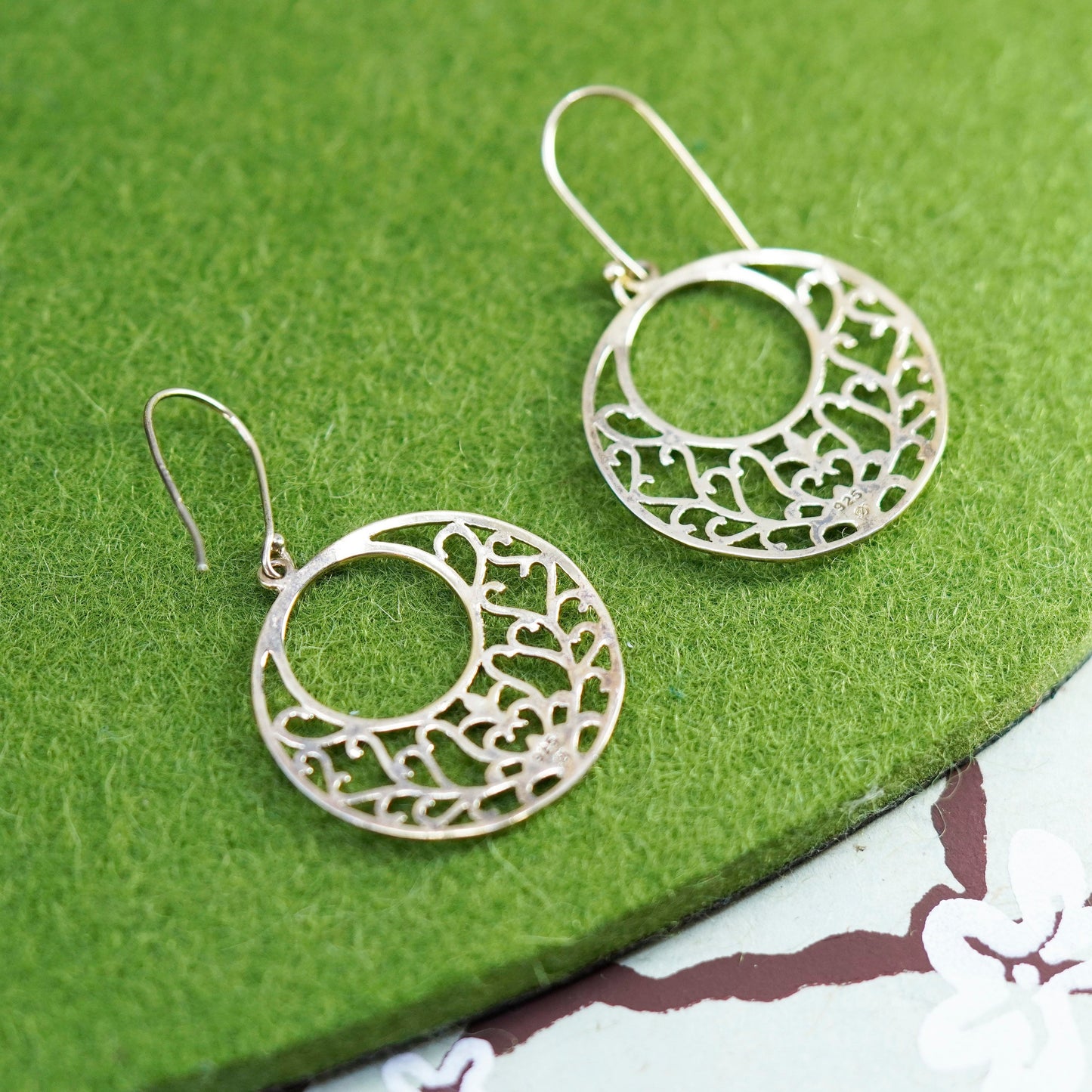 vermeil gold over Sterling silver earrings, 925 filigree circle disc dangles