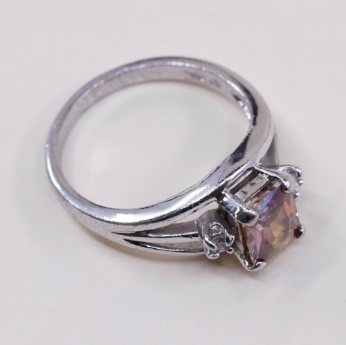 Sz 8, Vtg Sterling Silver Ring, 925 Silver Engagement Ring W/ Orange Crystal