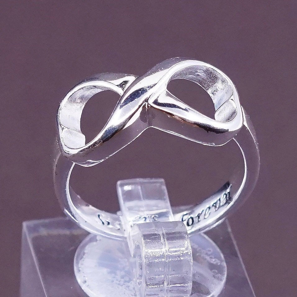sz 8, Sterling silver handmade ring, 925 infinity band “sisters forever
