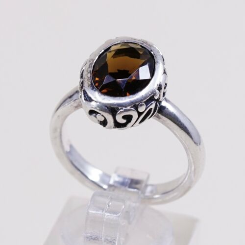 Sz 7.5, Vintage barse Handmade Sterling 925 Silver w/ Smoky Ceystal W/ Swirly