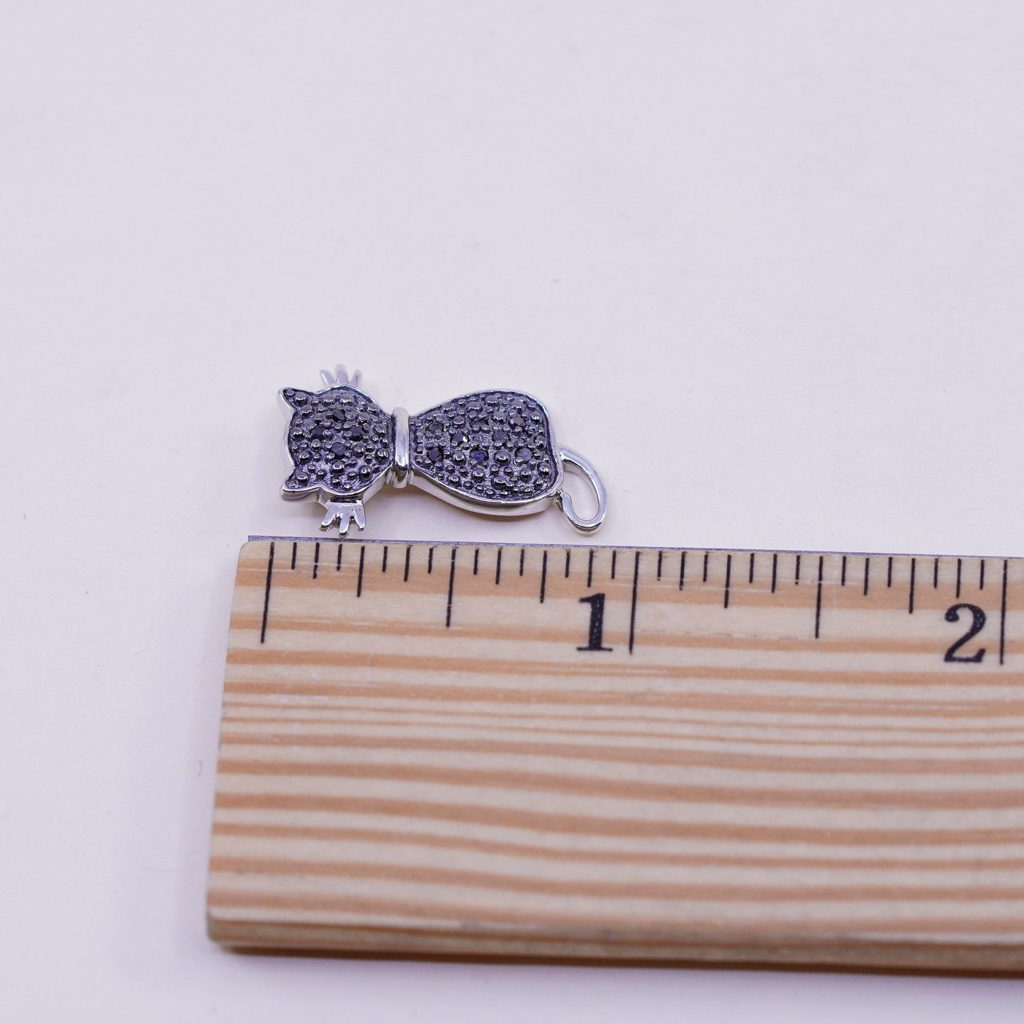 Vintage Sterling silver handmade pendant, 925 kitty cat with black diamond