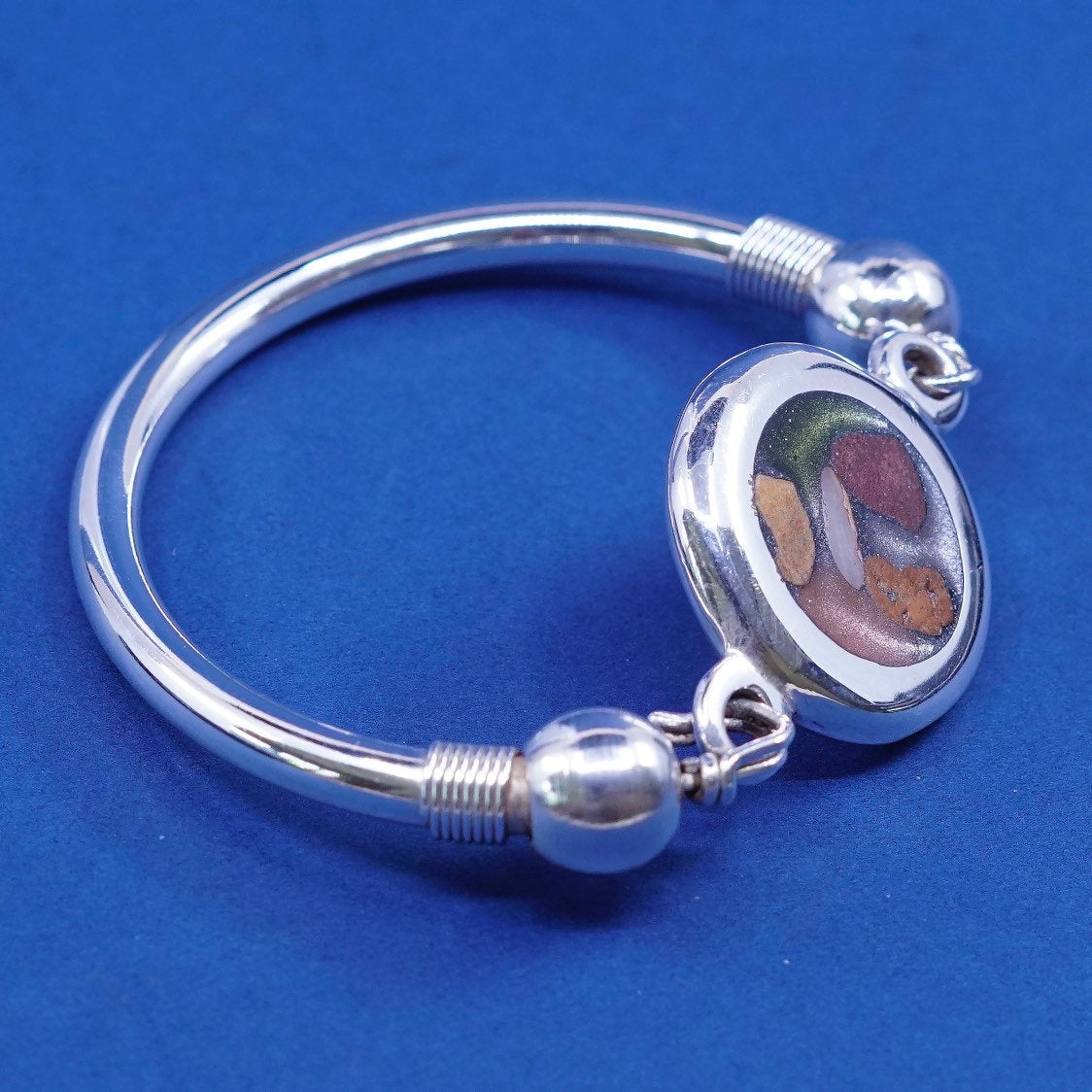 6.5", vtg Sterling silver handmade bracelet, bold 925 hinged bangle w/ resin