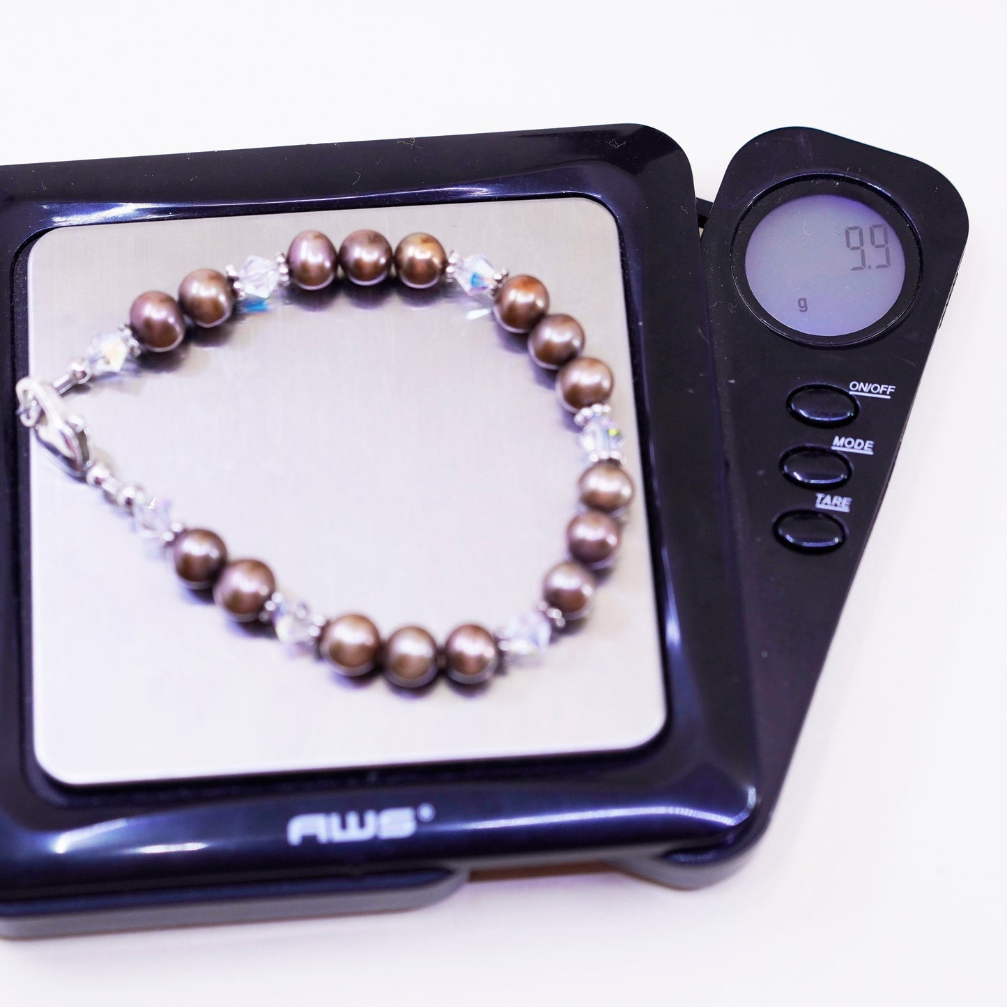 6.5”, Sterling 925 silver handmade bracelet, golden pearl with crystal beads