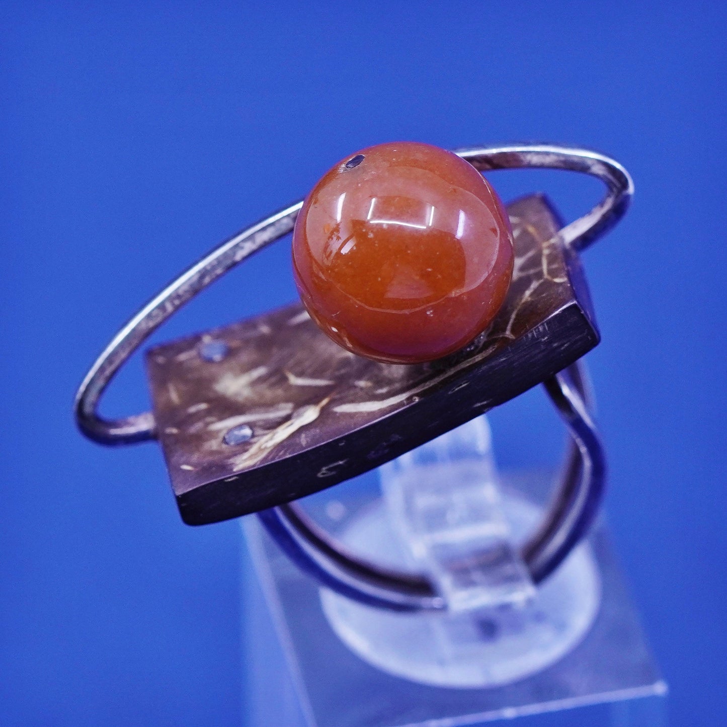 Size 4, vintage Sterling silver handmade ring carnelian wood, Native American